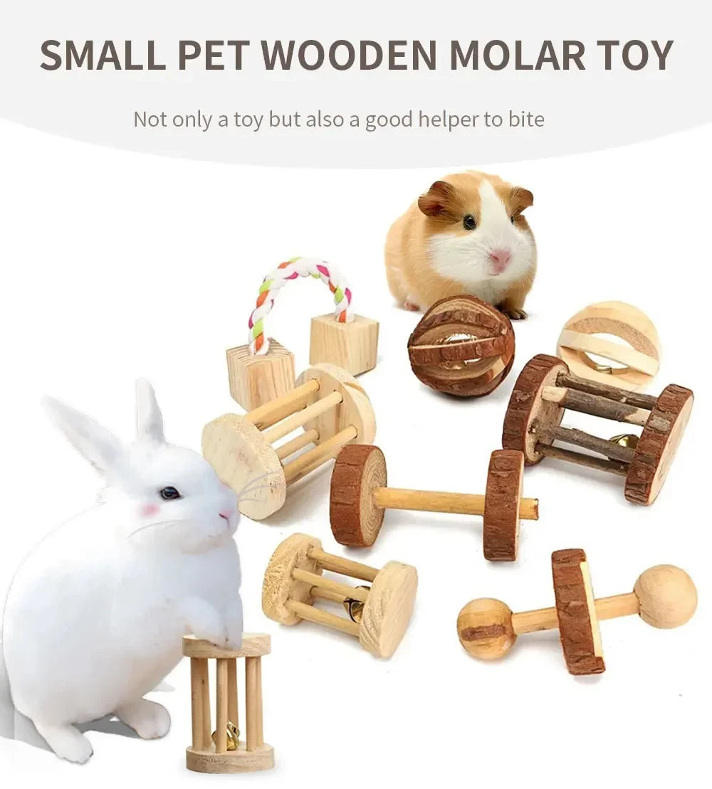 Guinea Pig Rabbit Hamster Small Animal Play Pet Roller Toys Natural Wooden Pine Dumbells Unicycle Bell Chew Chewing Braided Ball