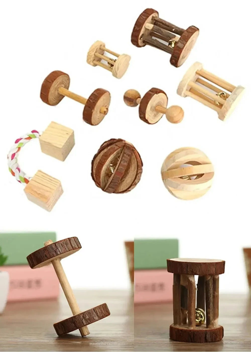 Guinea Pig Rabbit Hamster Small Animal Play Pet Roller Toys Natural Wooden Pine Dumbells Unicycle Bell Chew Chewing Braided Ball