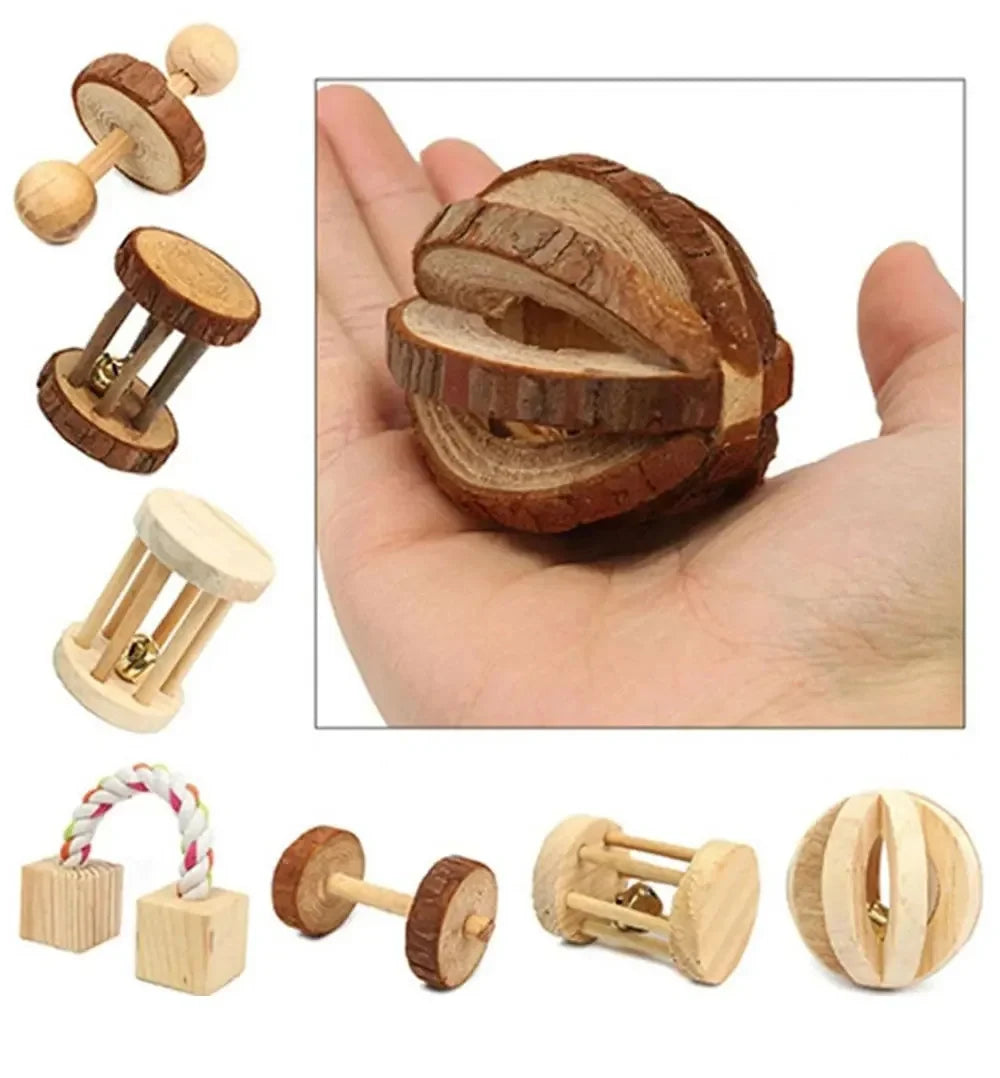 Guinea Pig Rabbit Hamster Small Animal Play Pet Roller Toys Natural Wooden Pine Dumbells Unicycle Bell Chew Chewing Braided Ball