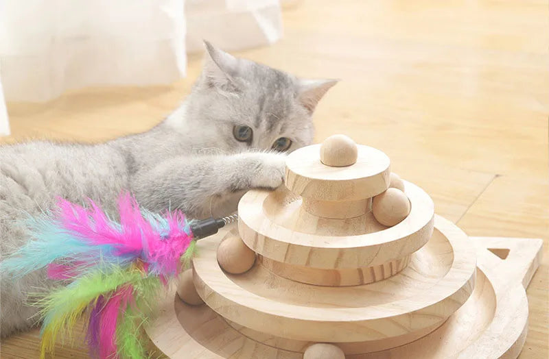 Wooden 2/3 Levels Pet cat Toy Tower Tracks Disc cat Intelligence Amusement Triple Play Disc Cat toys ball Training Toys