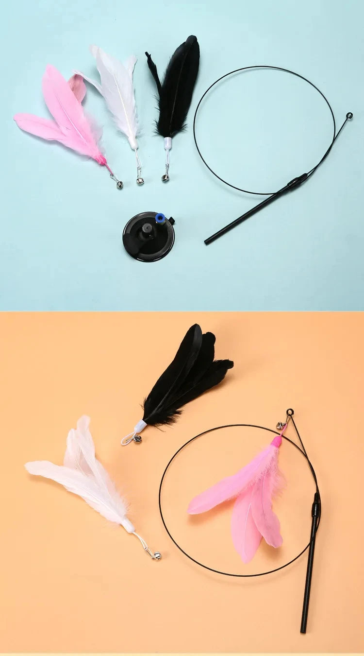 Cat Toy Cat Teaser Stick Feathers Wand Interactive Toy Detachable Feather Replacements Extended Rod Suction Cup Cat Accessories