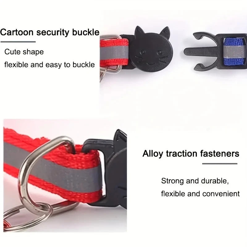 Reflective Breakaway Cat Collars with Bells & Round Ears, Durable Polyamide Material, Adjustable Safety Pet Collar Set w