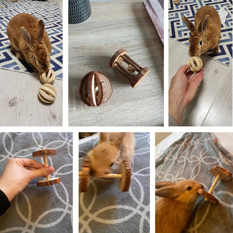 Guinea Pig Rabbit Hamster Small Animal Play Pet Roller Toys Natural Wooden Pine Dumbells Unicycle Bell Chew Chewing Braided Ball