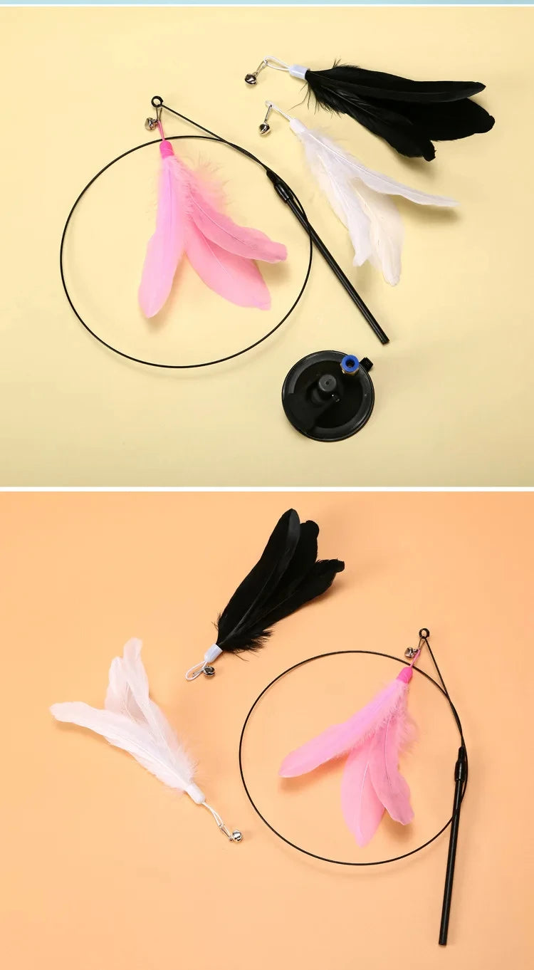 Cat Toy Cat Teaser Stick Feathers Wand Interactive Toy Detachable Feather Replacements Extended Rod Suction Cup Cat Accessories