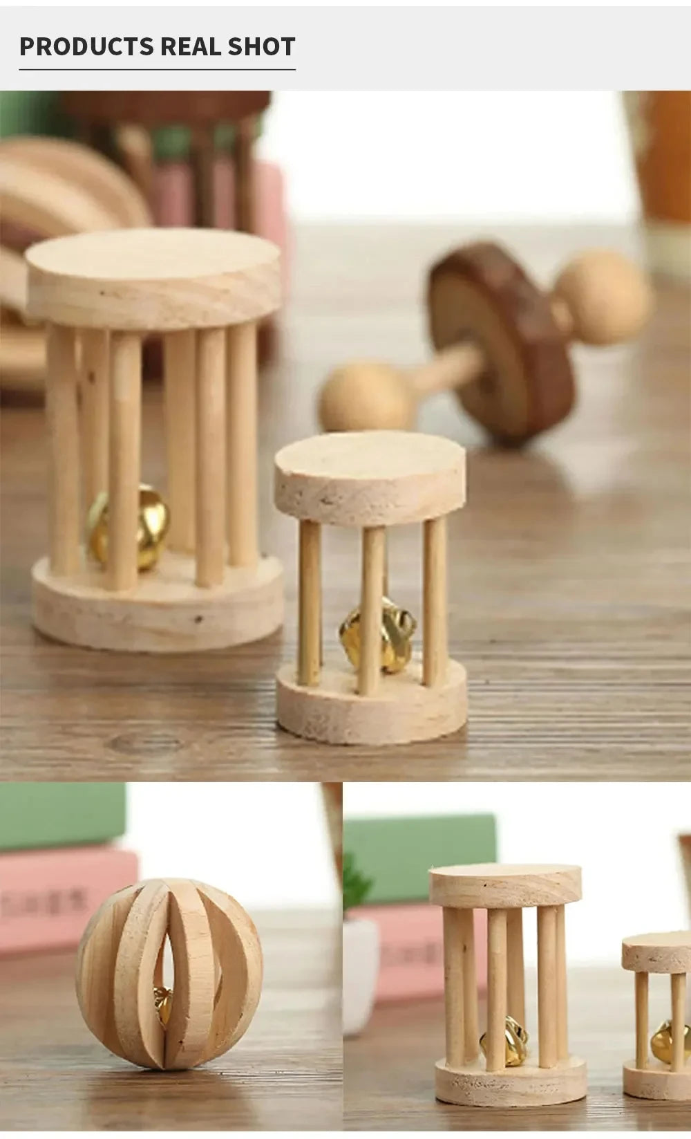 Guinea Pig Rabbit Hamster Small Animal Play Pet Roller Toys Natural Wooden Pine Dumbells Unicycle Bell Chew Chewing Braided Ball