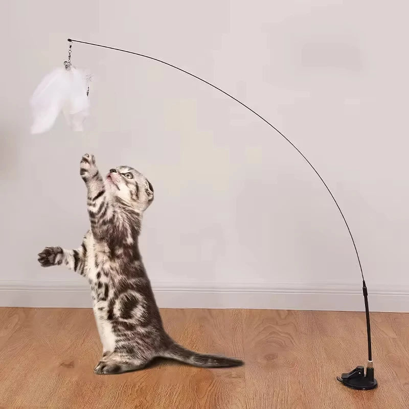 Cat Toy Cat Teaser Stick Feathers Wand Interactive Toy Detachable Feather Replacements Extended Rod Suction Cup Cat Accessories