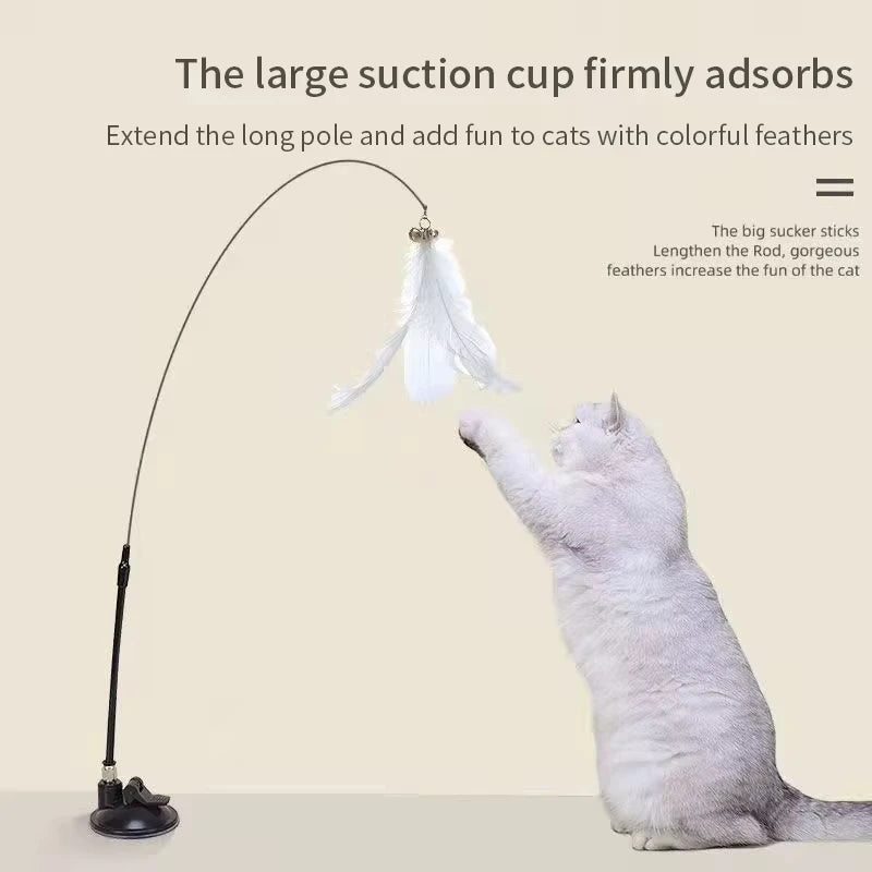 Cat Toy Cat Teaser Stick Feathers Wand Interactive Toy Detachable Feather Replacements Extended Rod Suction Cup Cat Accessories