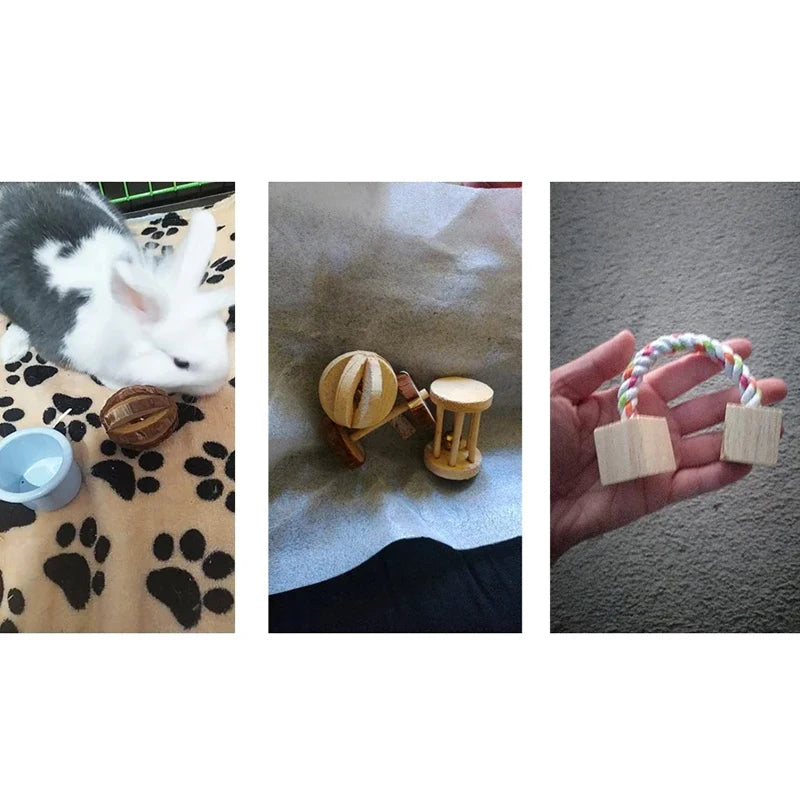 Guinea Pig Rabbit Hamster Small Animal Play Pet Roller Toys Natural Wooden Pine Dumbells Unicycle Bell Chew Chewing Braided Ball