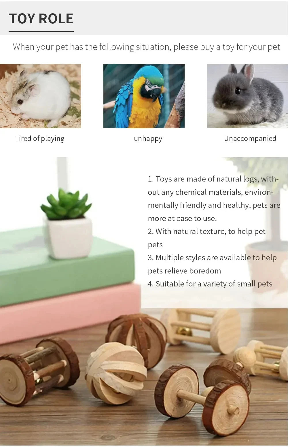 Guinea Pig Rabbit Hamster Small Animal Play Pet Roller Toys Natural Wooden Pine Dumbells Unicycle Bell Chew Chewing Braided Ball