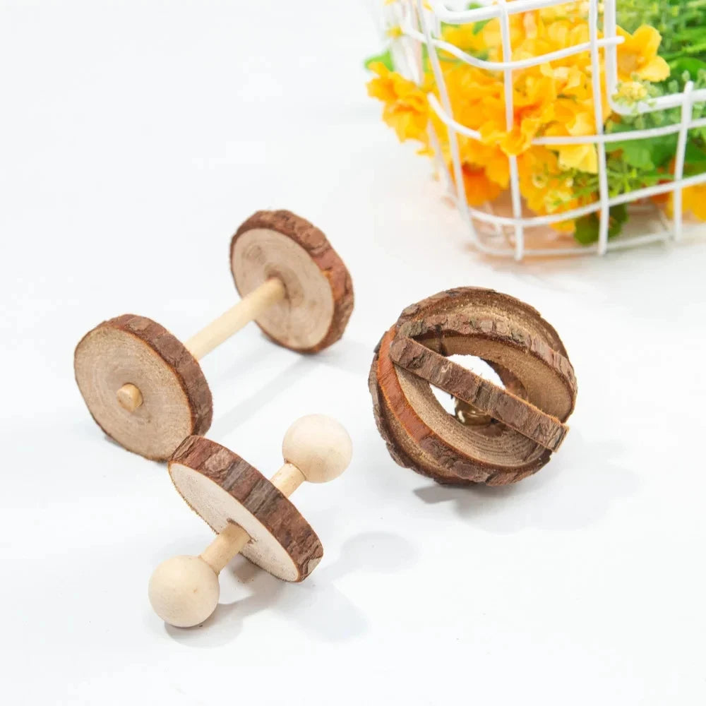 Guinea Pig Rabbit Hamster Small Animal Play Pet Roller Toys Natural Wooden Pine Dumbells Unicycle Bell Chew Chewing Braided Ball