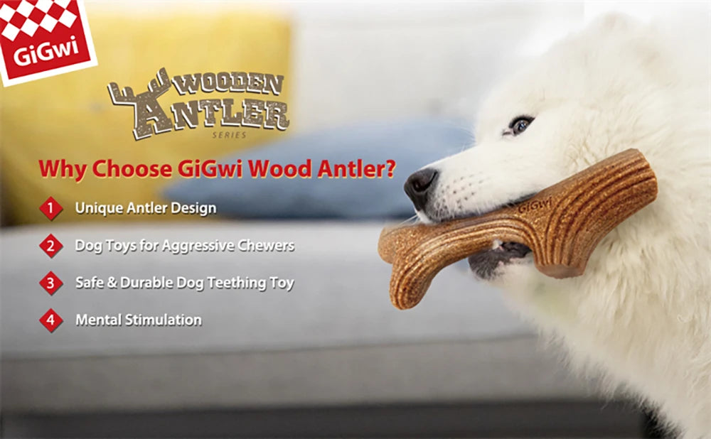 Gigwi Dog Chew Toys Real Wooden Deer Antlers for Aggressive Chewers Large Dog Chewing Indestructible Tough Durable Pet Toys Gift